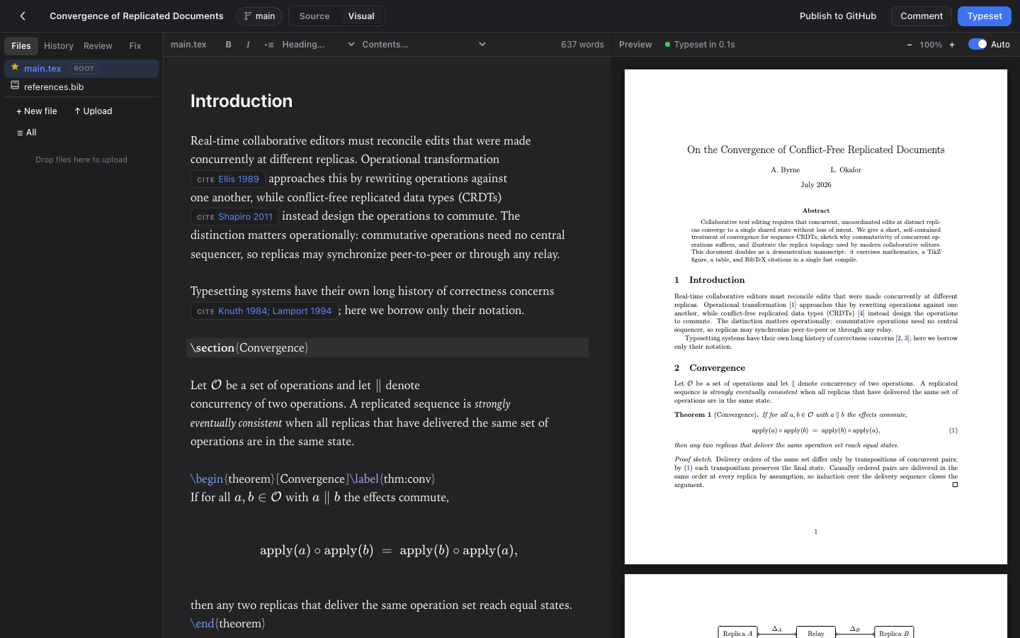 Aldine’s visual editing mode: the paper rendered as formatted text with typeset math, next to the live PDF