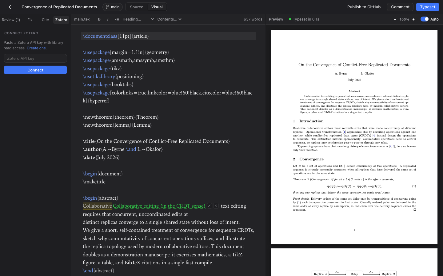 The Zotero panel in Aldine next to the LaTeX source: a search field over the linked library and a list of references to insert as citations